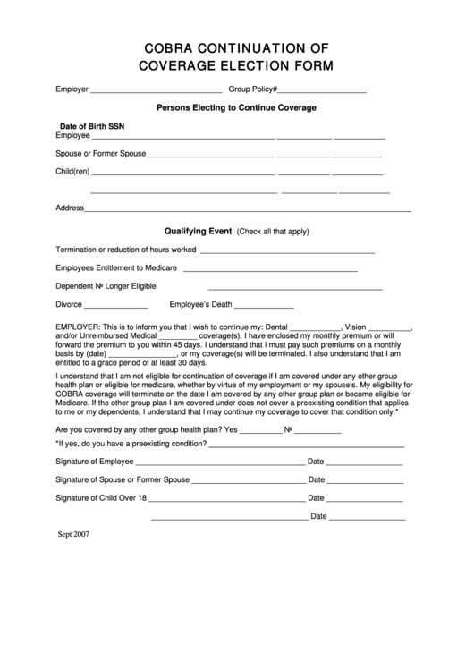 Continuation Of Coverage Election Form Printable pdf