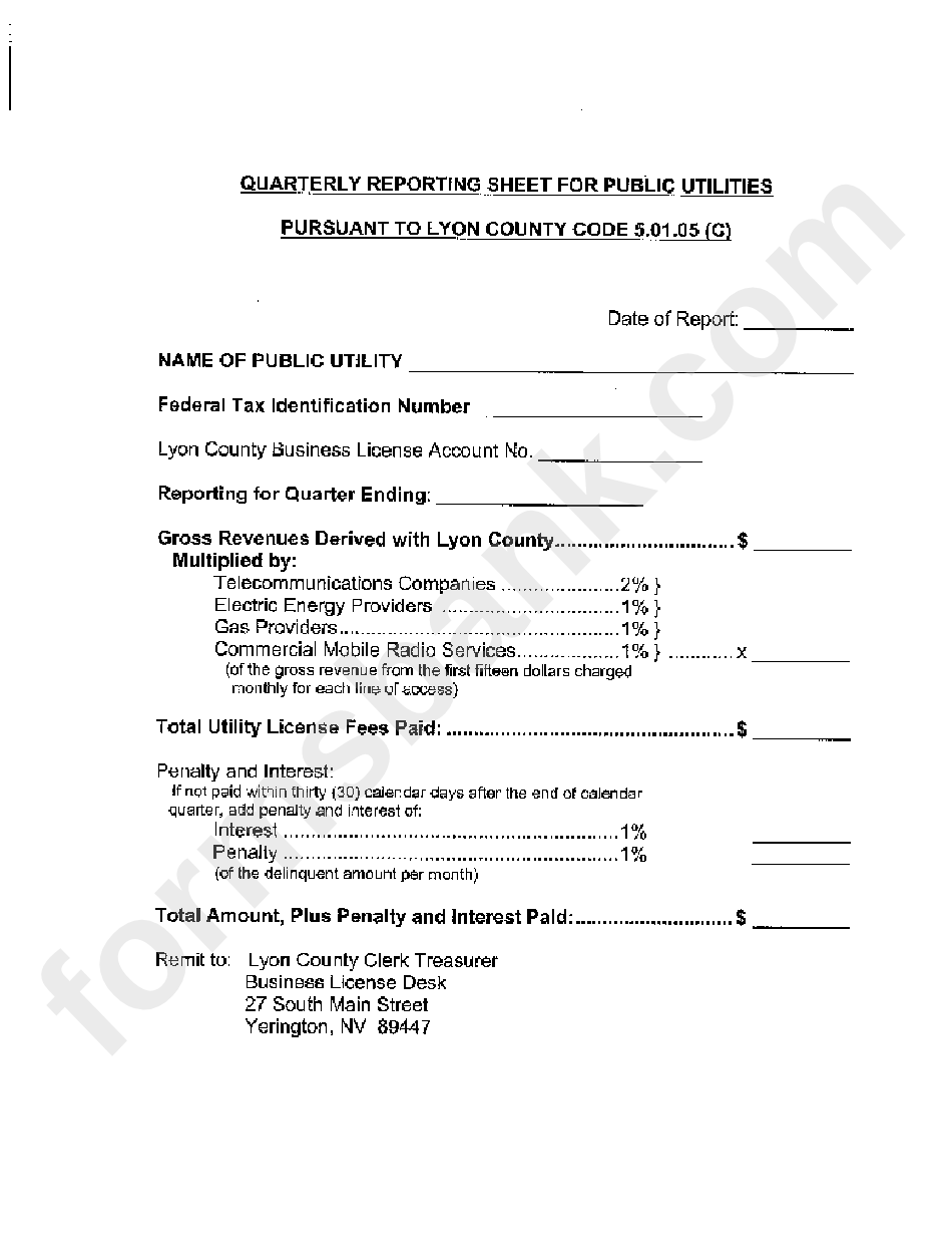 Quarterly Reporting Sheet For Public Utilities