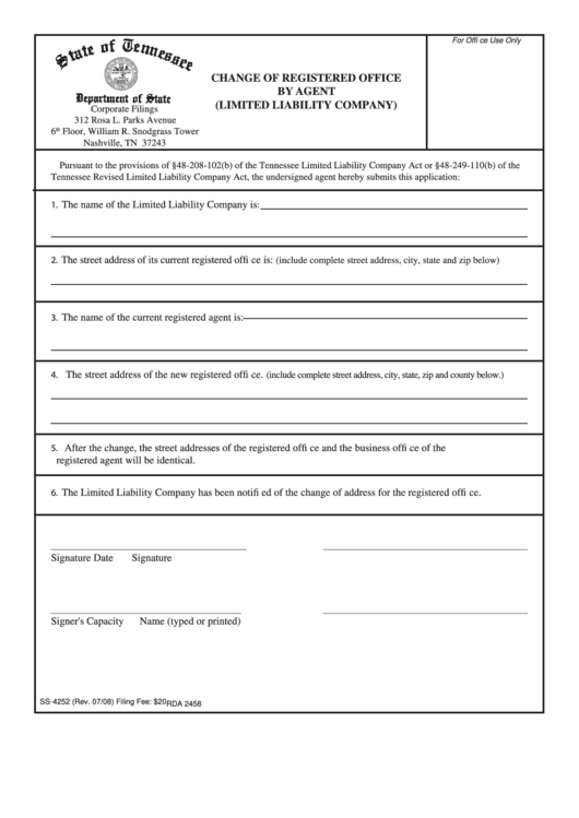 Form Ss-4252 - Change Of Registered Office By Agent (Limited Liability Company) Form - Department Of State - Tennessee Printable pdf