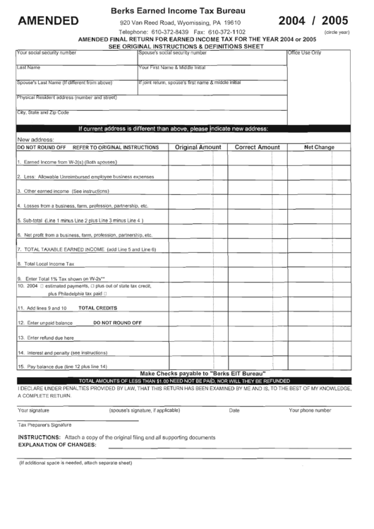 Amended Final Return For Earned Income Tax For The Year Of 2004 Or 2005 ...