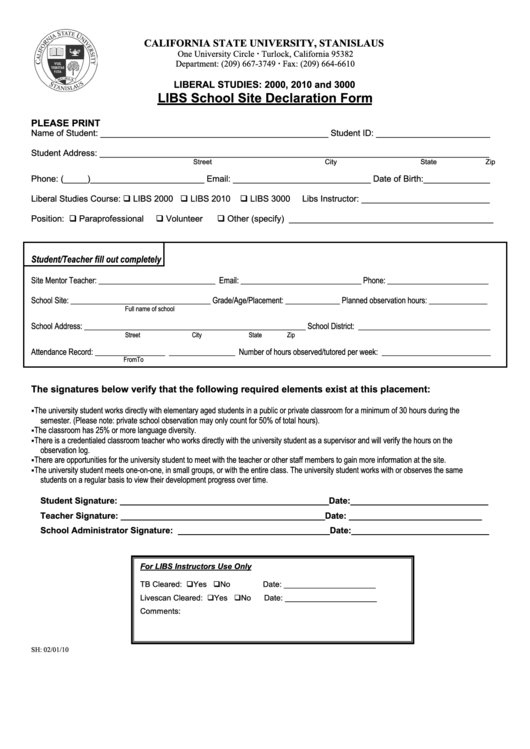 Libs School Site Declaration Form Printable pdf