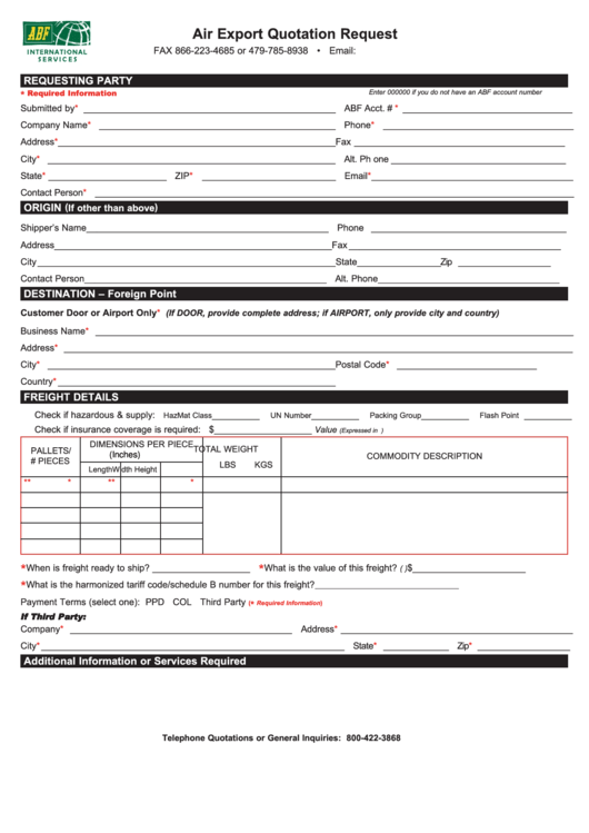 Fillable Air Export Quotation Request Form Printable pdf