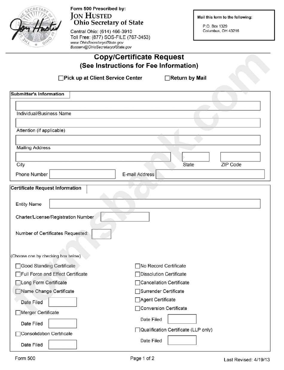 Form 500 - Copy/certificate Request Form - Ohio Secretary Of State - Ohio
