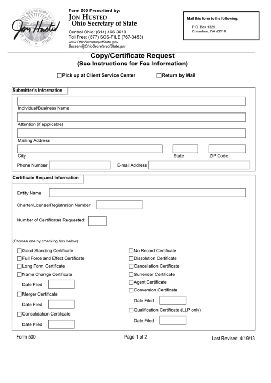 Form 500 - Copy/certificate Request Form - Ohio Secretary Of State - Ohio Printable pdf