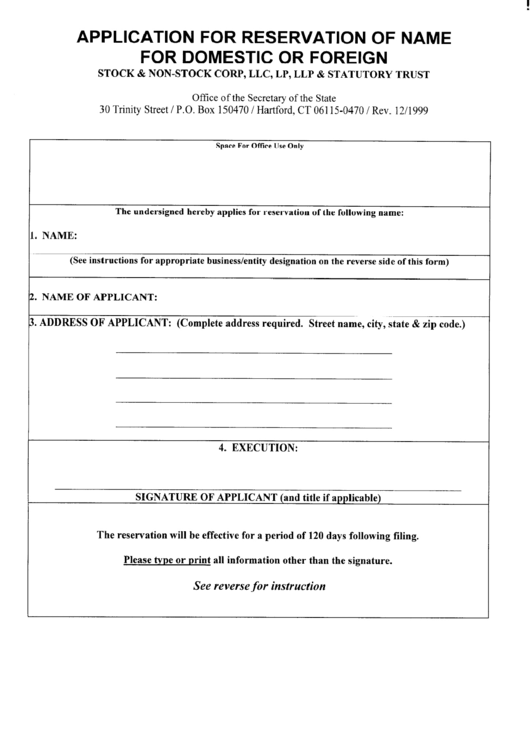 Application For Reservation Of Name For Domestic Or Foreign Form - Secretary Of State - Connecticut Printable pdf