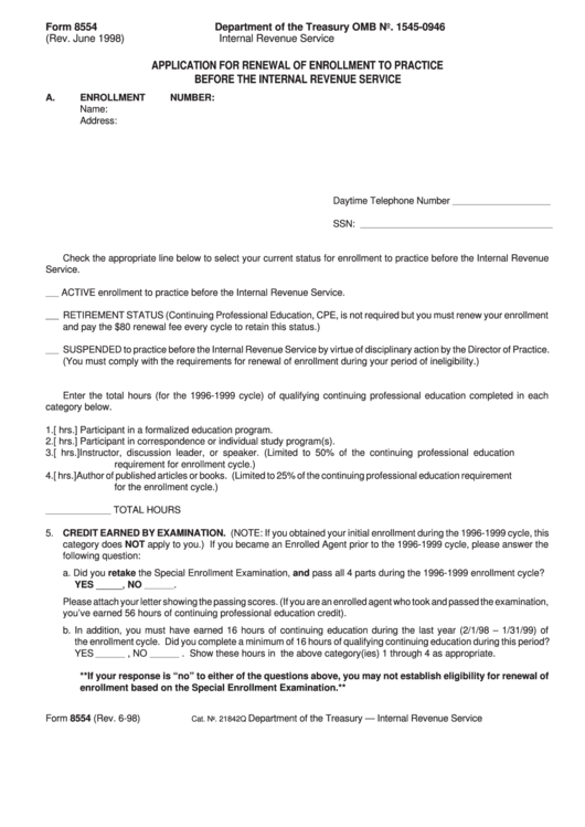 Form 8554 - Application For Renewal Of Enrollment To Practice Before The Internal Revenue Service - 1998 Printable pdf