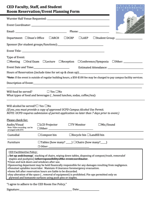 Fillable Ced Faculty, Staff, And Student Room Reservation/event Planning Form Printable pdf