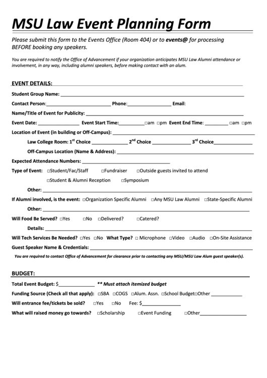 Fillable Msu Law Event Planning Form Printable pdf