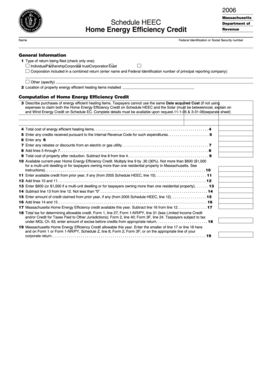 Schedule Heec - Home Energy Efficiency Credit Form - Massachusetts Department Of Revenue Printable pdf