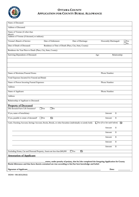 Fillable Application For County Burial Allowance Printable pdf