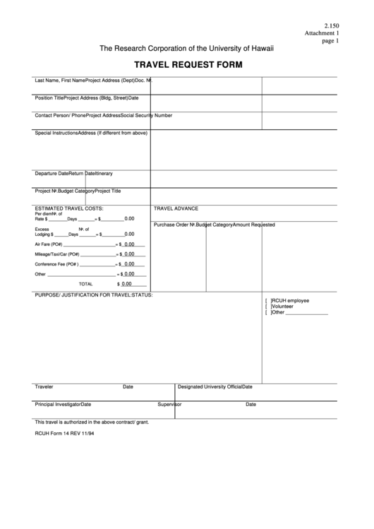 Fillable Rcuh Form 14 - Travel Request - 1994 Printable pdf