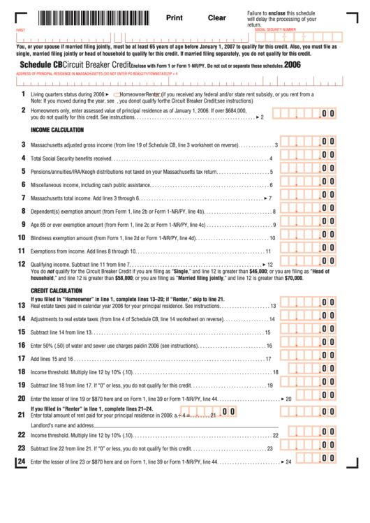Fillable Schedule Cb - Circuit Breaker Credit Form (2006) - Massachusetts Printable pdf