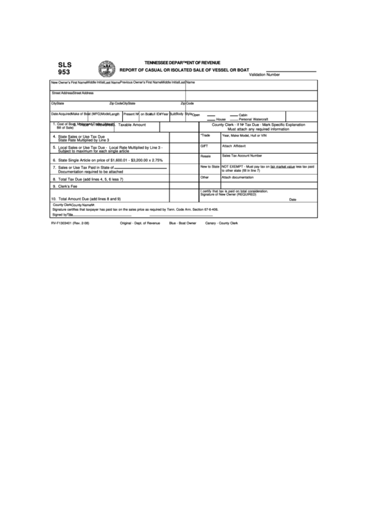 Form Sls 953 - Report Of Casual Or Isolated Sale Of Vessel Or Boat Form - Tennessee Department Of Revenue Printable pdf