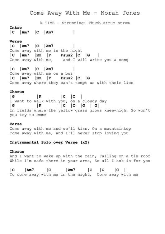 Norah Jones - Come Away With Me Guitar Chord Chart Printable pdf