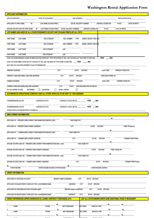 Fillable Washington Rental Application Form Printable pdf