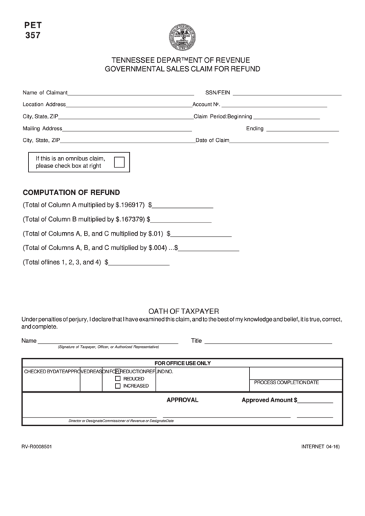 Form Pet 357 - Governmental Sales Claim For Refund - Tennessee Department Of Revenue - 2016 Printable pdf