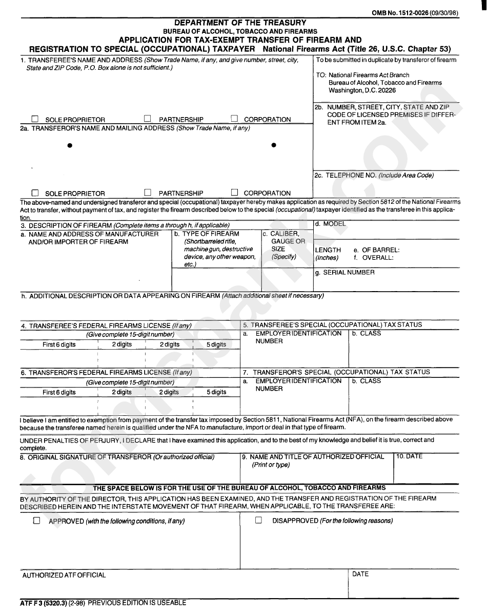 Form Atf F3 - Application For Tax-Exempt Transfer Of Firearm And Registration To Special (Occupational) Taxpayer - Department Of The Treasury