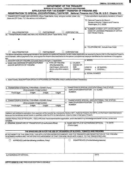 Form Atf F3 - Application For Tax-Exempt Transfer Of Firearm And Registration To Special (Occupational) Taxpayer - Department Of The Treasury Printable pdf
