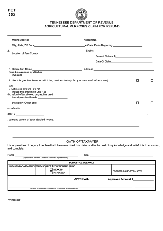 Form 353 - Agricultural Purposes Clam For Refund - Tennessee Department Of Revenue Printable pdf