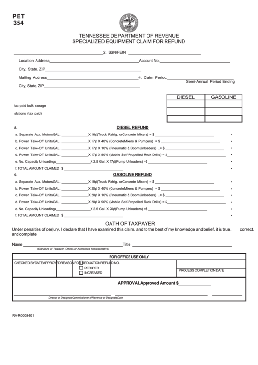 Form Pet 354 - Specialized Equipment Claim For Refund - Tennessee Department Of Revenue Printable pdf