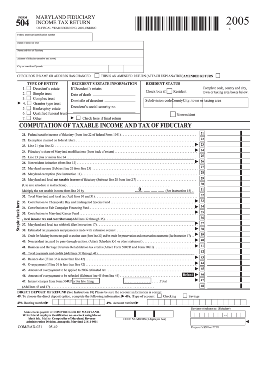 Fillable Form 504 - Maryland Fiduciary Income Tax Return - 2005 Printable pdf