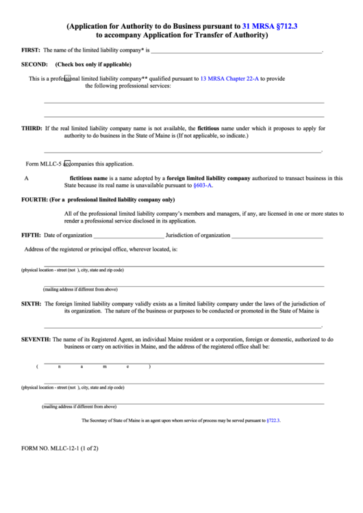 Fillable Form Mllc-12-1 - Application For Authority To Do Business - 2005 Printable pdf
