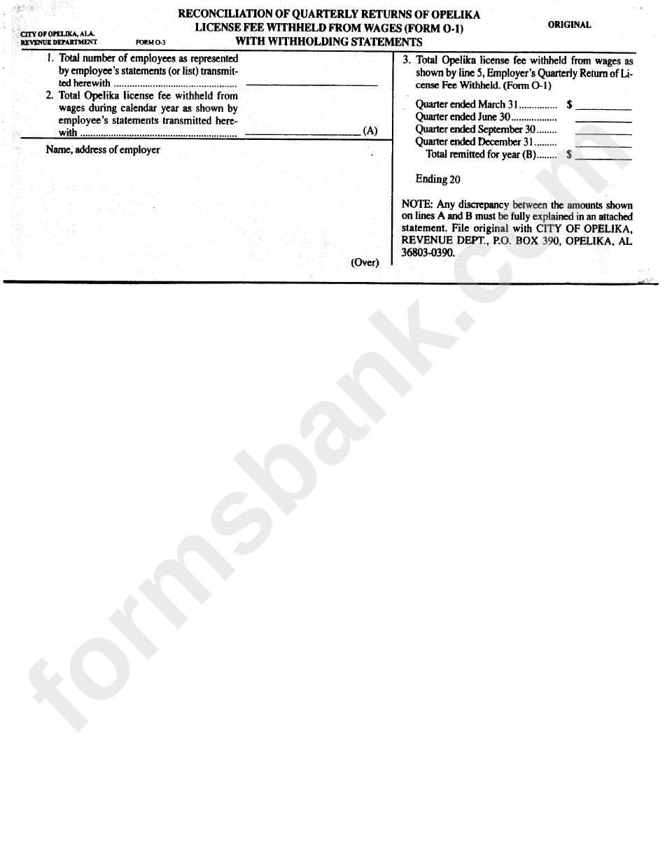Form O-1 - Reconciliation Of Quarterly Returns Of Opelika License Fee Withheld From Wages With Withholding Statement