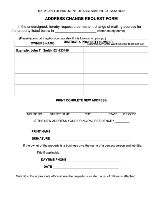 Fillable Address Change Request Form - Maryland Department Of Assessments & Taxation Printable pdf