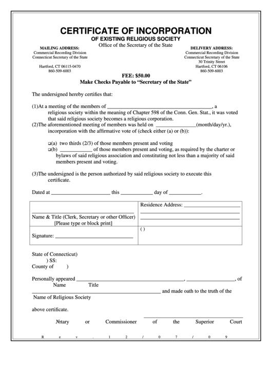 Certificate Of Incorporation Of Existing Religious Society Form Printable pdf