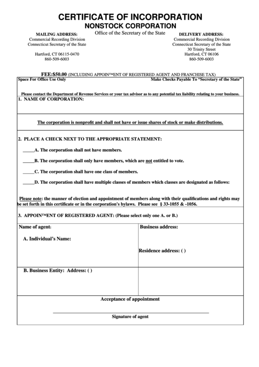Certificate Of Incorporation Nonstock Corporation - Connecticut Secretary Of The State Printable pdf