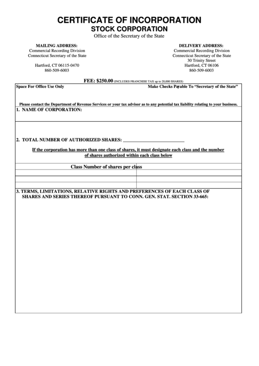 Certificate Of Incorporation Stock Corporation - Connecticut Secretary Of The State Printable pdf