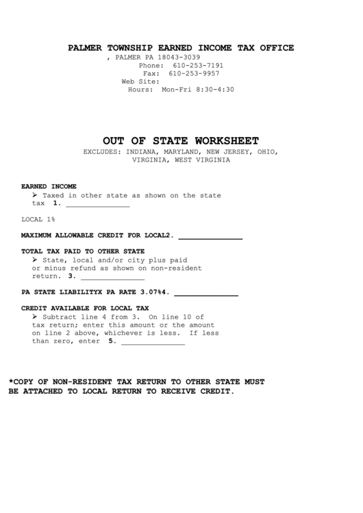 Out Of State Worksheet - Palmer Township Printable pdf