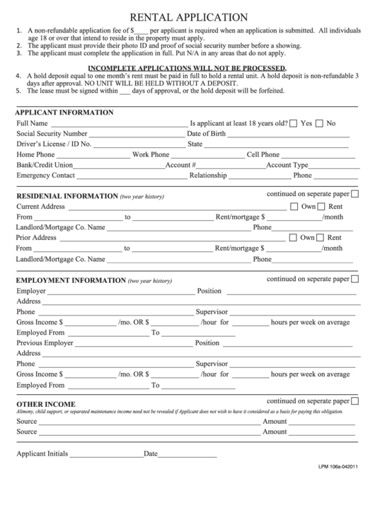 Fillable Form Lpm 106a-042011 - Rental Application Printable pdf