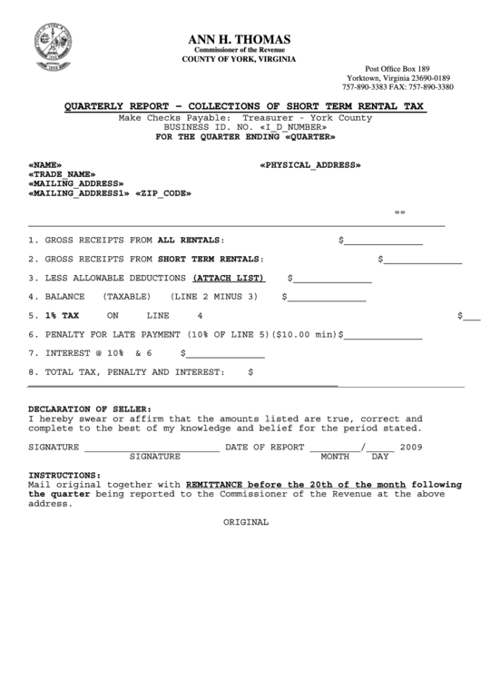 Quarterly Report - Collections Of Short Term Rental Tax - County Of York, Virginia Printable pdf