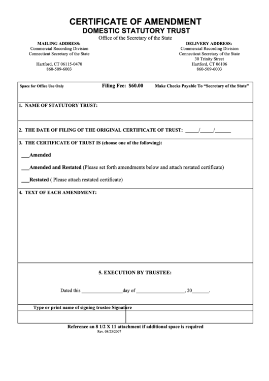 Certificate Of Amendment Domestic Statutory Trust - Connecticut Secretary Of The State Printable pdf