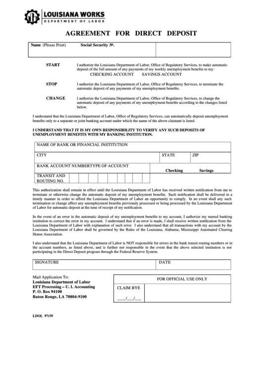 Fillable Form Ldol 971w - Agreement For Direct Deposit Printable pdf