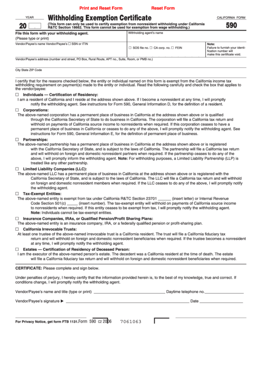 Fillable California Form 590 - Withholding Exemption Certificate Printable pdf