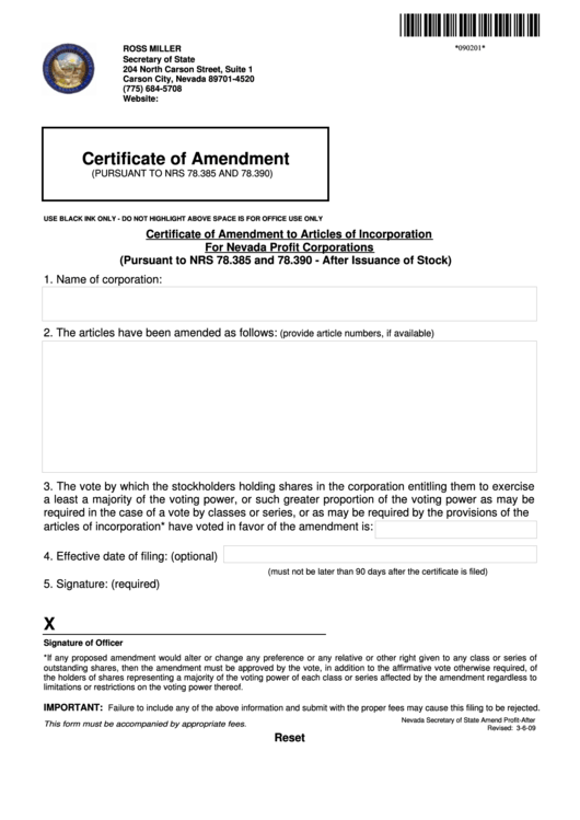 Fillable Certificate Of Amendment - Nevada Secretary Of State Printable pdf