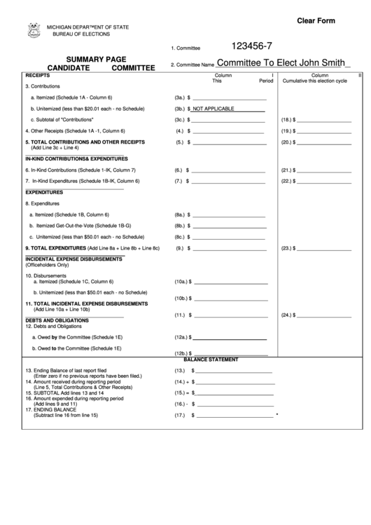 Fillable Summary Page Candidate Committee Sheet Printable pdf