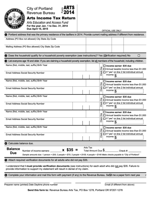 Form Arts 2014 - Arts Income Tax Return Printable pdf