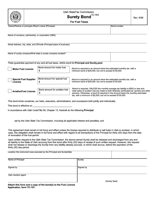 Form Tc-763 - Surety Bond For Fuel Taxes 1999 Printable pdf