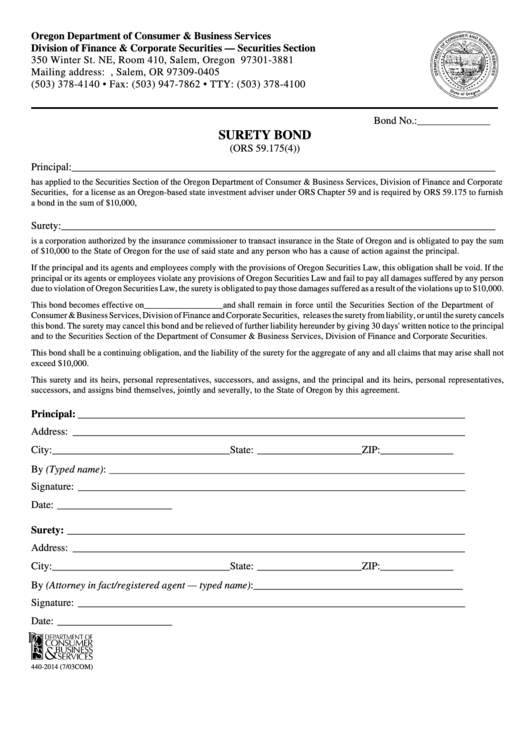 Form 440-2014 - Surety Bond Printable pdf