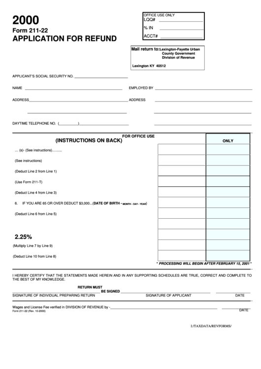 Form 211-22 - Application For Refund - 2000 Printable pdf