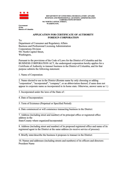 Application For Certificate Of Authority Foreign Corporation Form Printable pdf