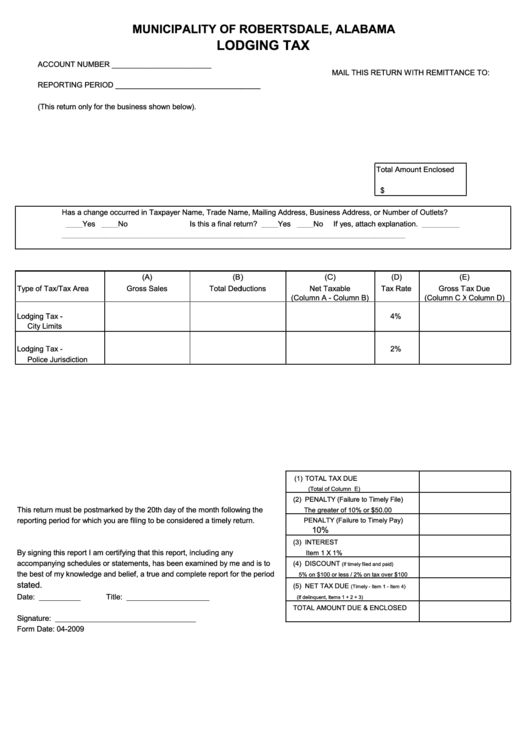 Lodging Tax Form - Municipality Of Robertsdale, Alabama Printable pdf