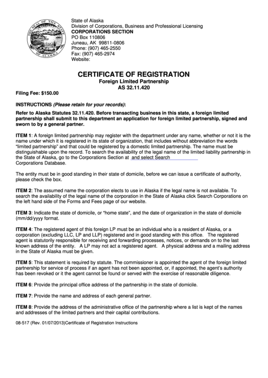 Fillable Form 08-517 - Certificate Of Registration Foreign Limited Partnership /form 08-561 - Contact Information Sheet - 2013 Printable pdf