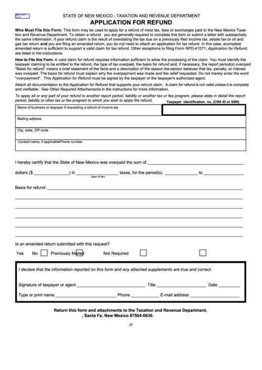 Form Rpd- 41071 - Application For Refund - 2015 Printable pdf