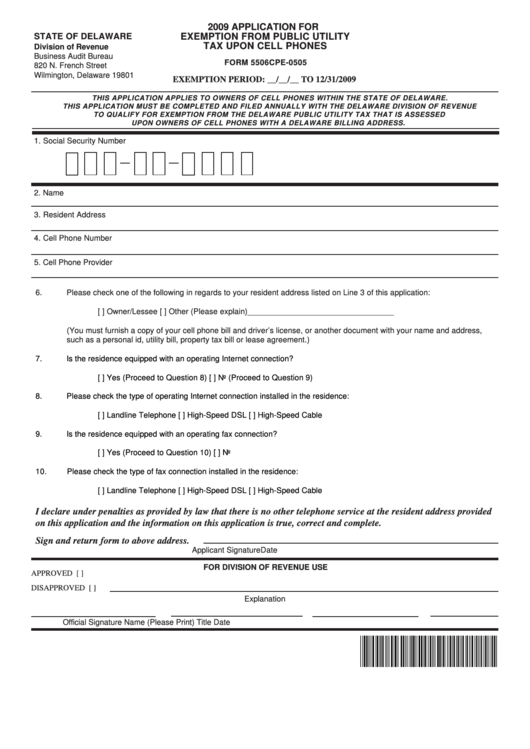 Fillable Form 5506cpe-0505 - Application For Exemption From Public Utility Tax Upon Cell Phones - 2009 Printable pdf
