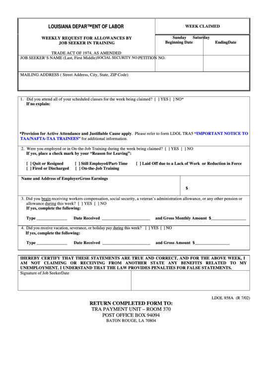 Fillable Form Ldol 858a - Weekly Request For Allowances By Job Seeker In Training Printable pdf
