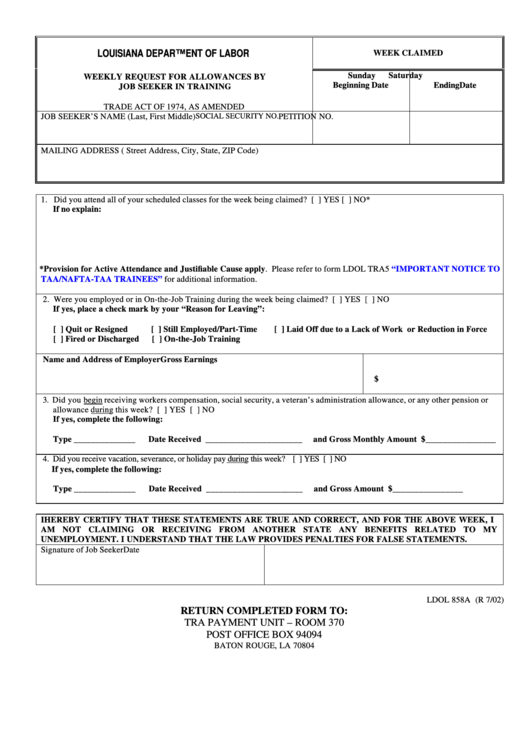 Fillable Form Ldol 858a - Weekly Request For Allowances By Job Seeker ...